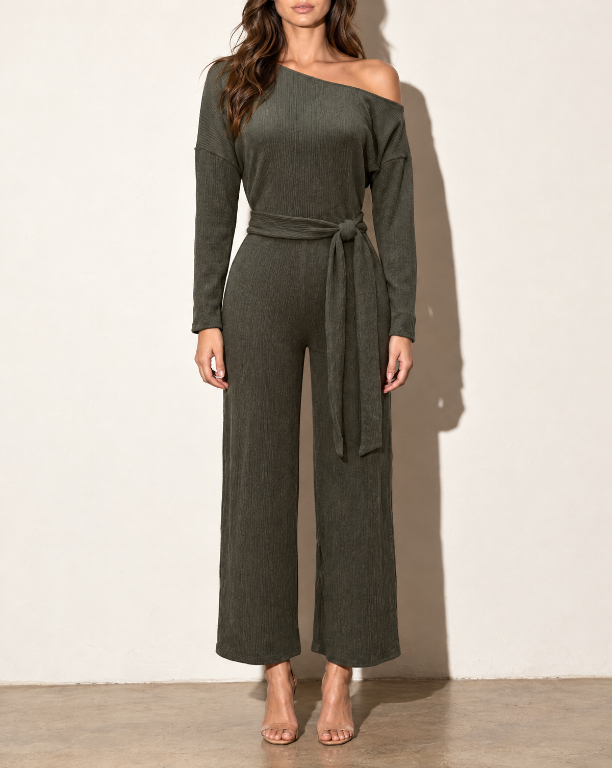 Off Shoulder Long Sleeve Top & Pants Set in Olive — front view