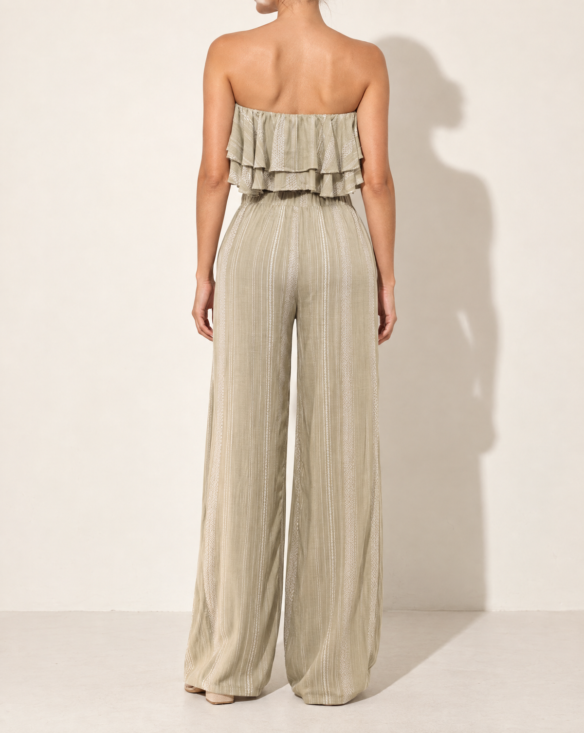 Ruffle Tube Top & Wide Leg Pants Set in SAGE COMBO — back view
