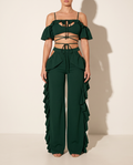 Ruffled Top W Corset Lace & Pant Set in Hunter Green — front view