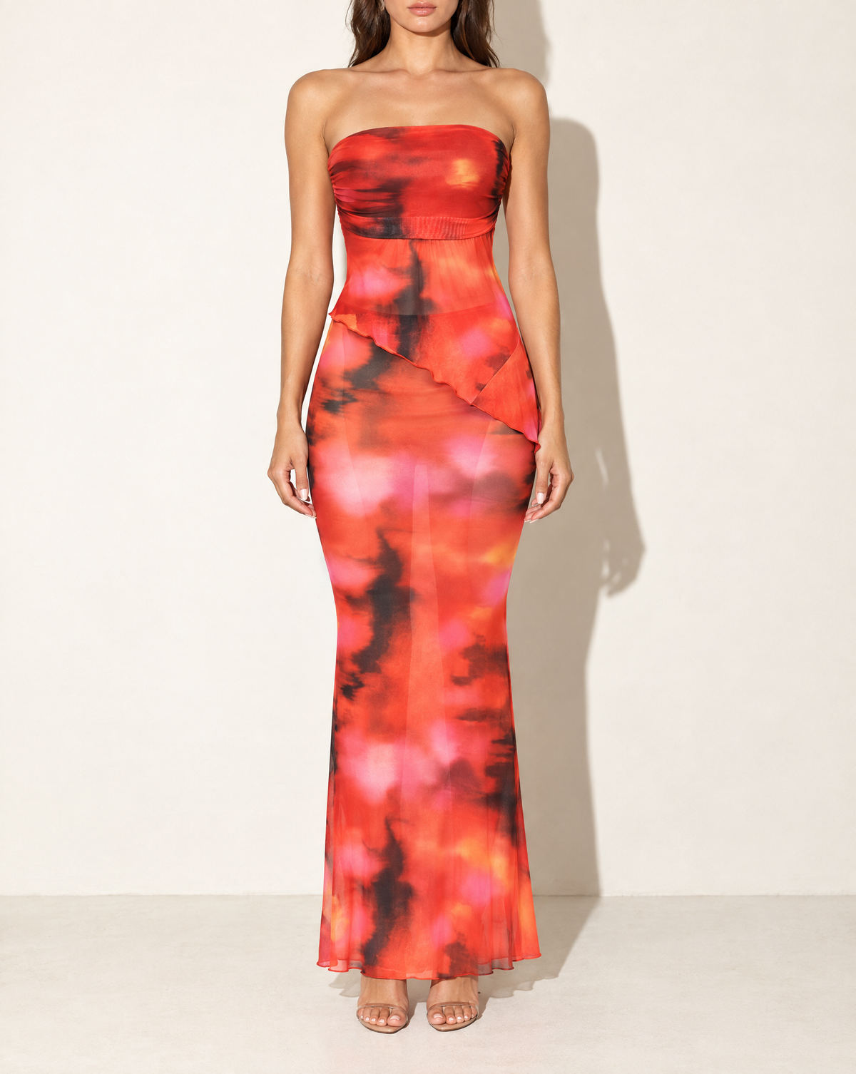 Printed Mesh Tub Top & Maxi Skirt Set in Red Multi — front view