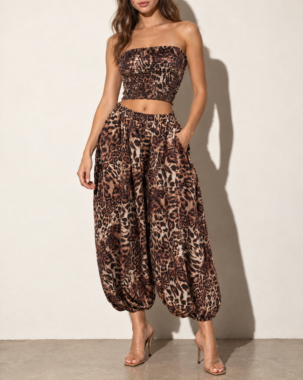 Leopard Smocked Tube Top & Bell Bottom Pants Set in Leopard — alternate front view