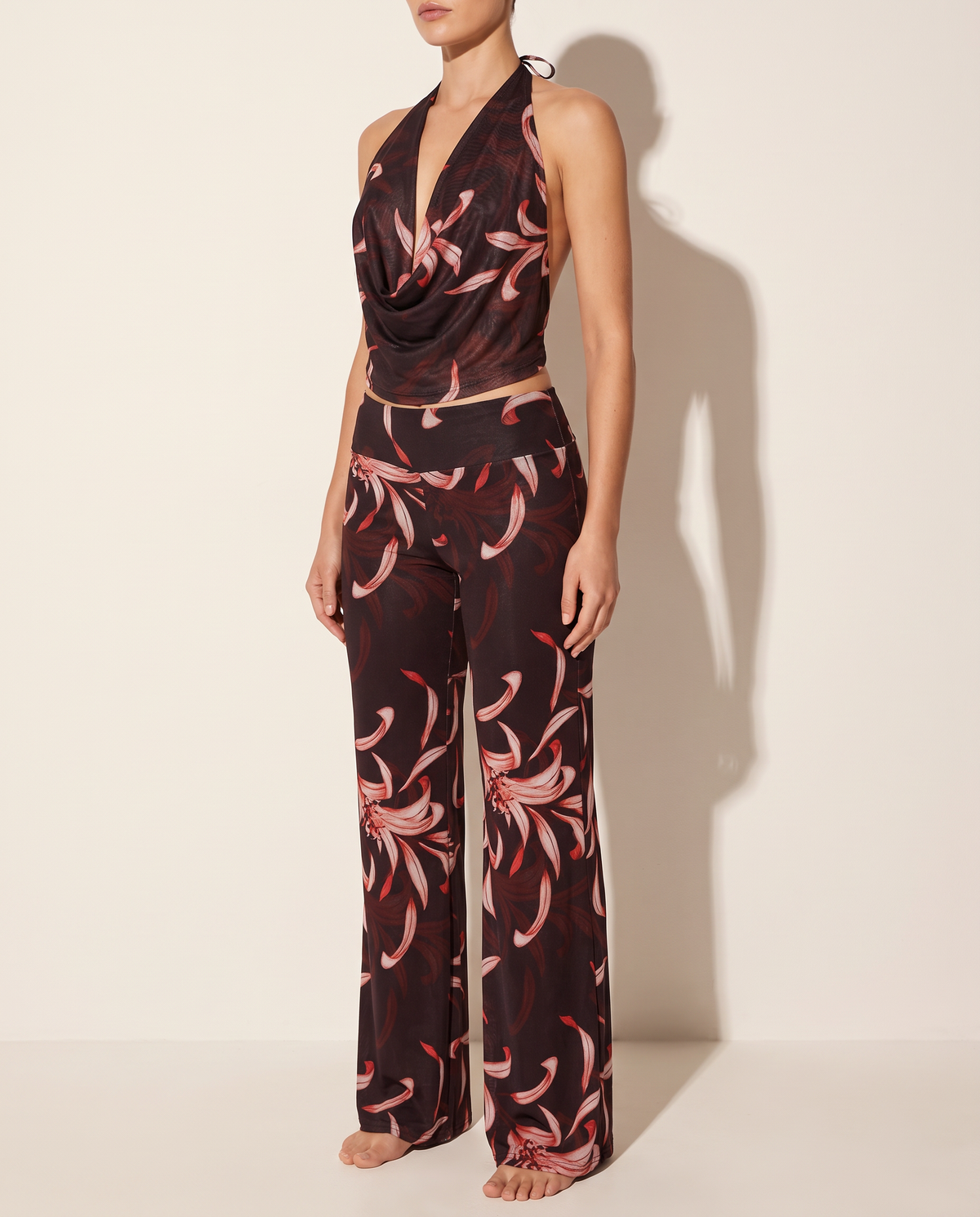 Printed Mesh Halter Top & Wide Leg Pant Set in BURG COMBO — alternate front view