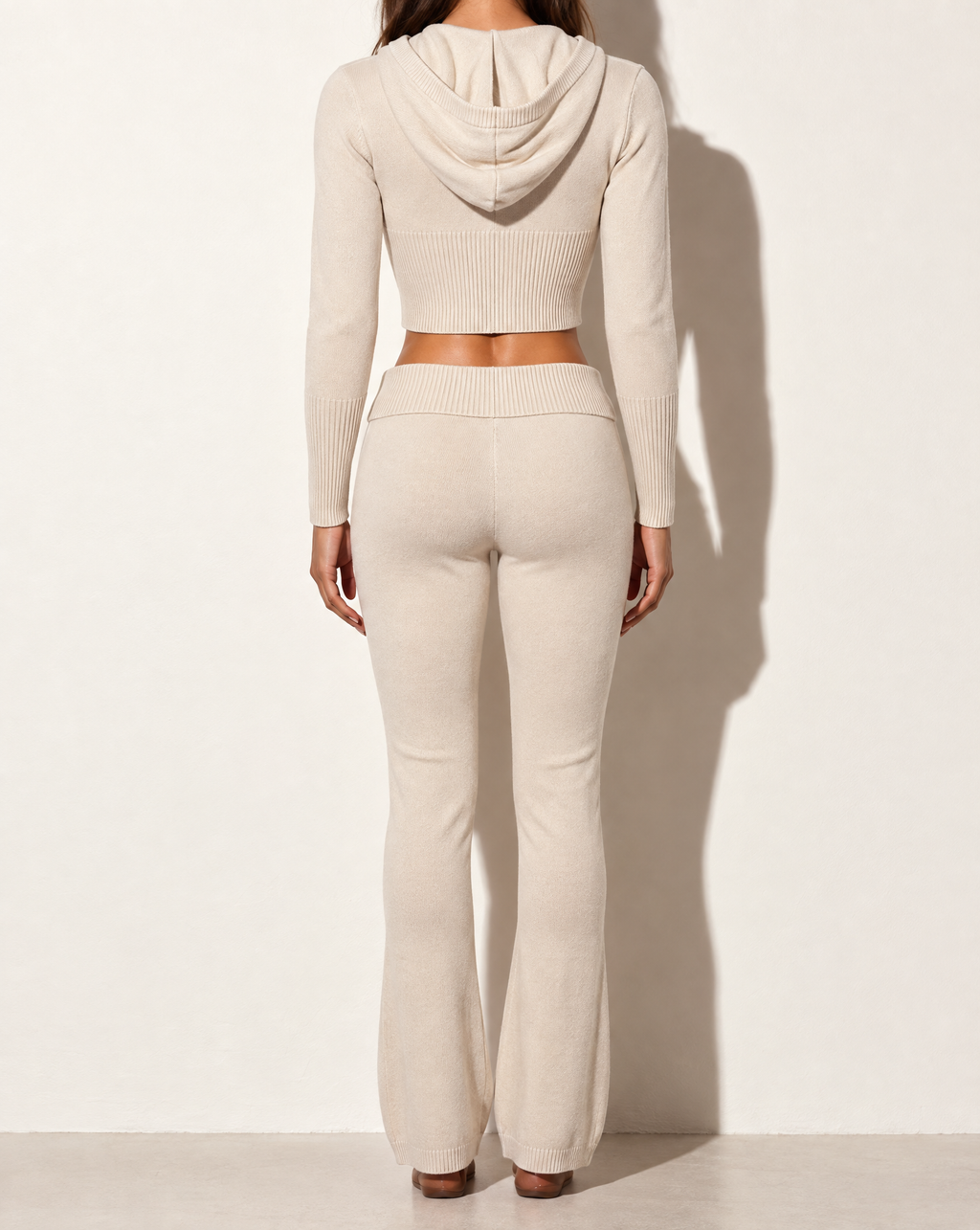 Hoodie Zip Up Top & Pants Set in Ivory — back view