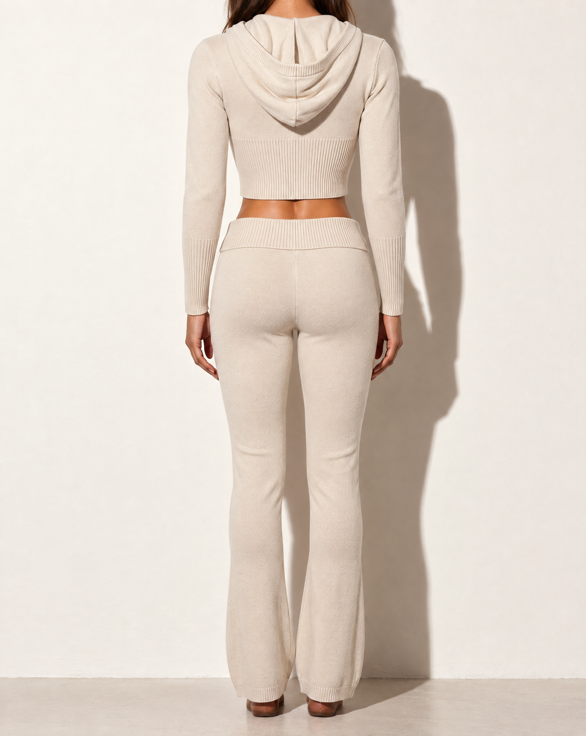 Hoodie Zip Up Top & Pants Set in Ivory — back view