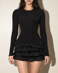 Long Sleeve Lace Up Back Flare Mini Dress in Black — front view
