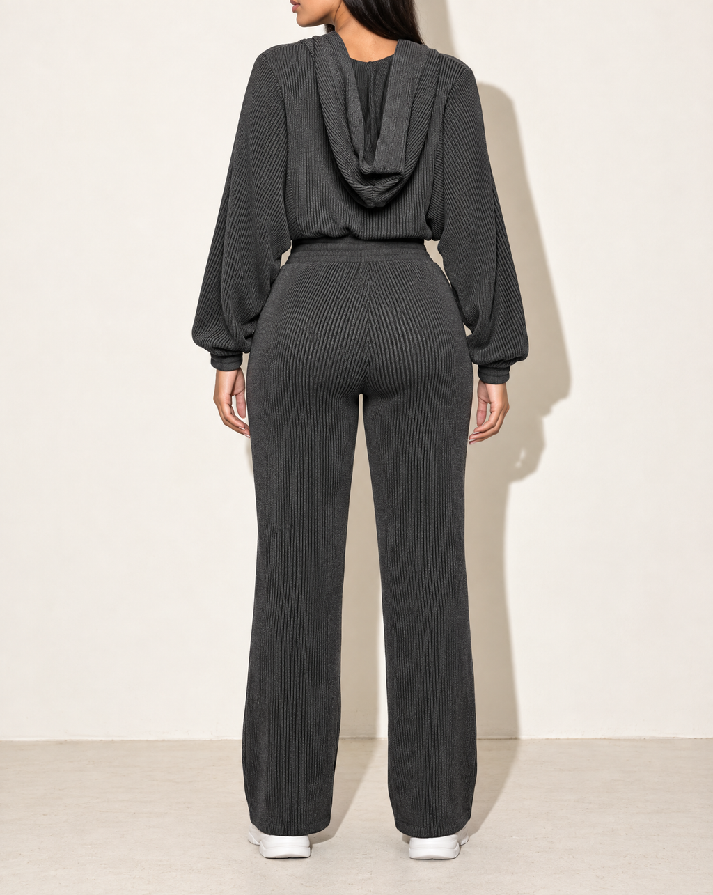 Zipper Closure Hoodie Jacket & Pants Set in Charcoal — back view