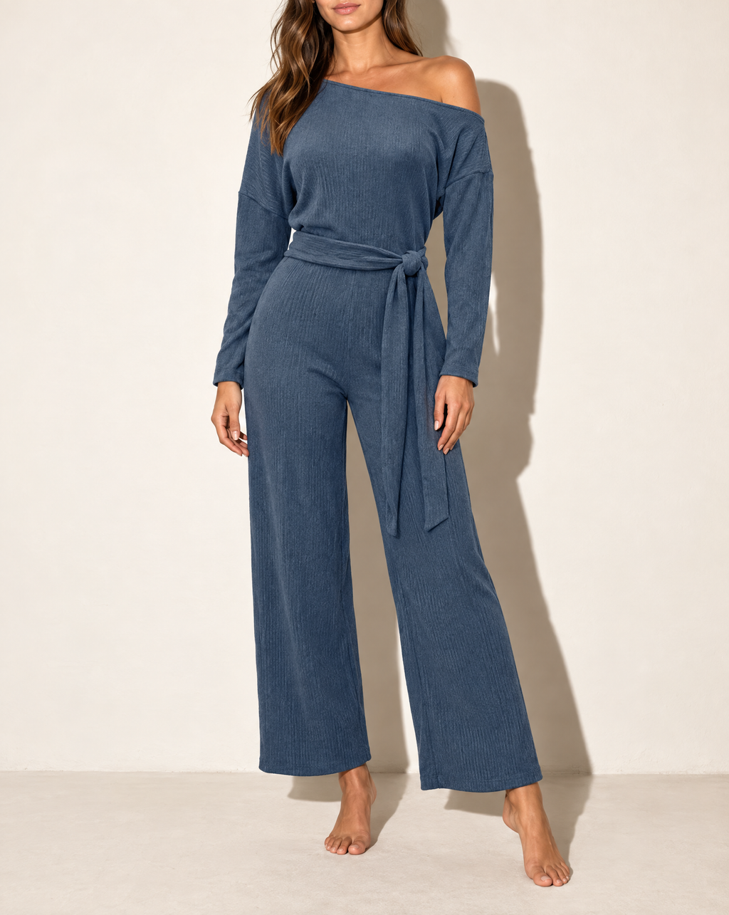 Off Shoulder Long Sleeve Top & Pants Set in DENIM — alternate front view