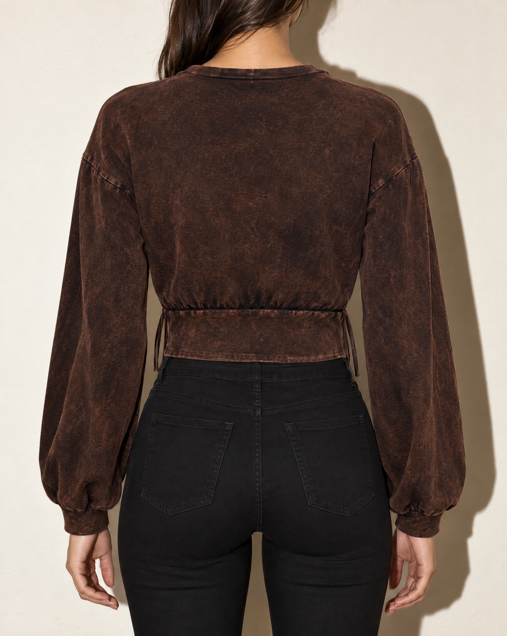 Washed Fringe Detailed Bubble Sleeve Top in DK BROWN — back view