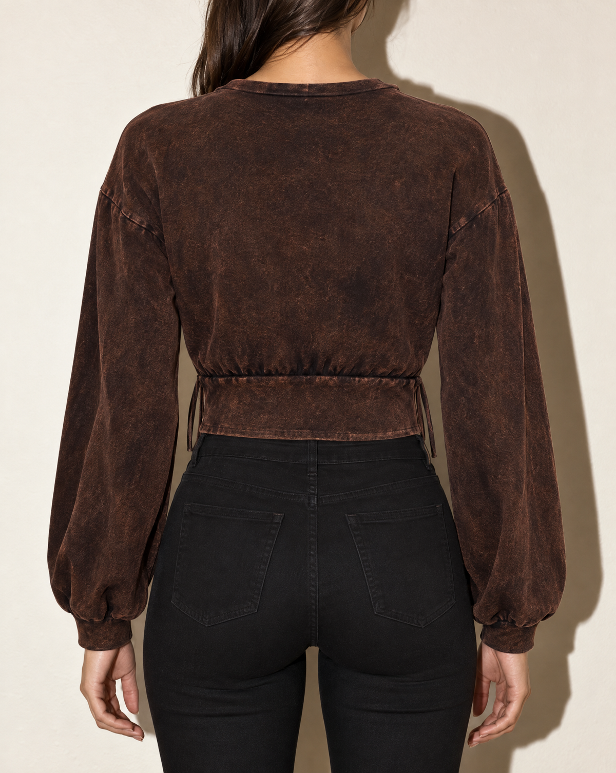 Washed Fringe Detailed Bubble Sleeve Top in DK BROWN — back view