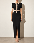 Collared Neck Button Down Dress With Front Slit in BLACK/TAUPE — front view