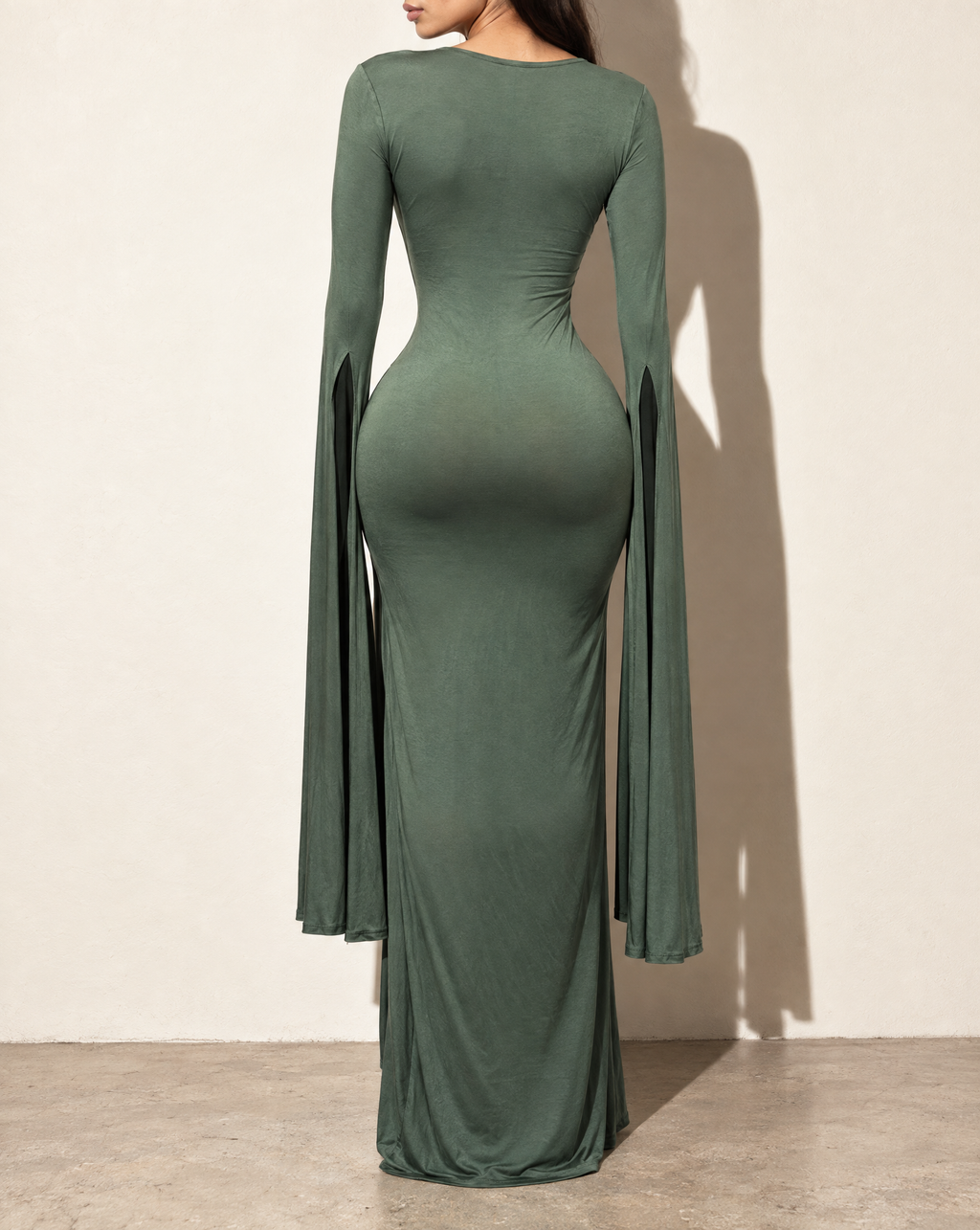 Flyaway Long Sleeve Maxi Dress in Olive — back view
