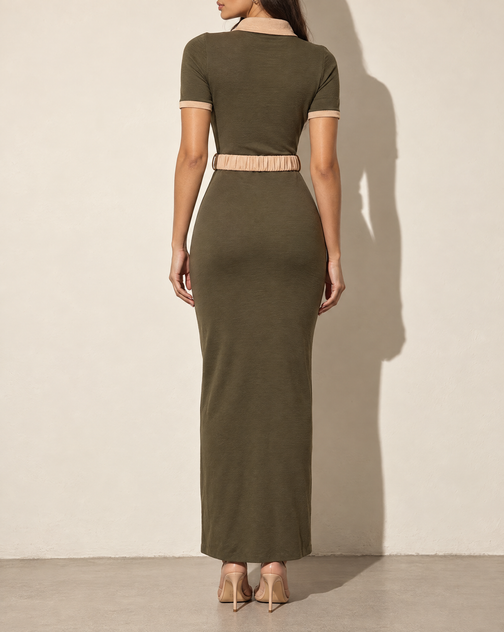 Collared Neck Button Down Dress With Front Slit in OLIVE/TAUPE — back view
