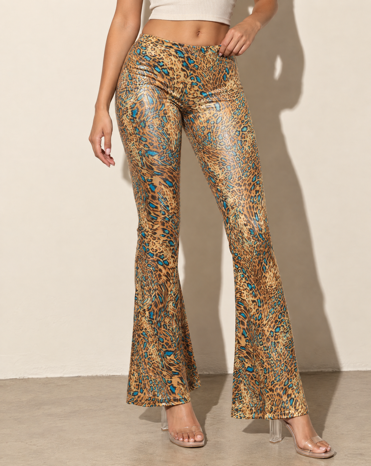 Foiled Animal Printed Slightly Flare Pants in CAMEL/JADE — alternate front view