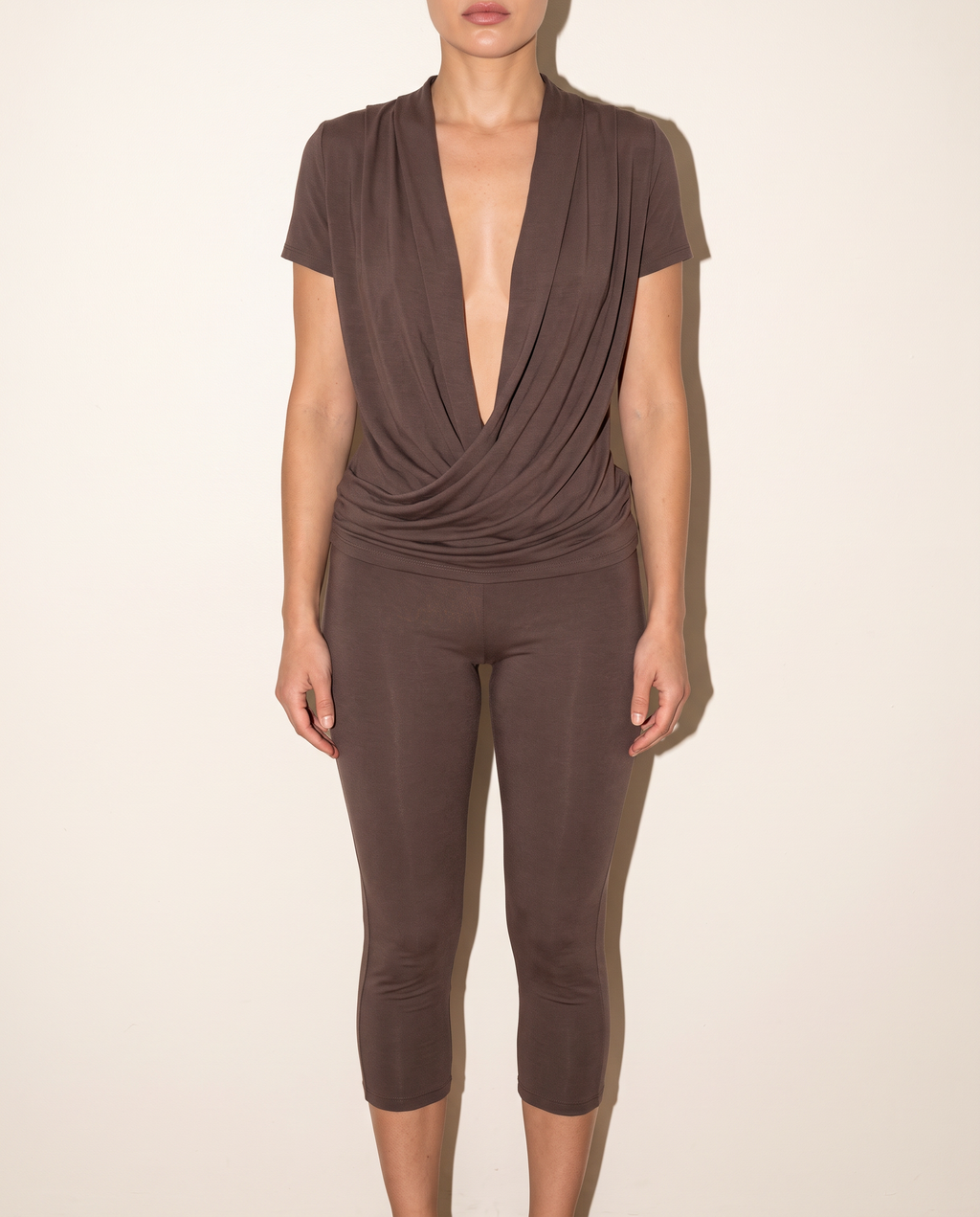 Draped Cross Front Top & Capri Leggings Set in Brown — front view