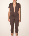 Draped Cross Front Top & Capri Leggings Set in Brown — front view