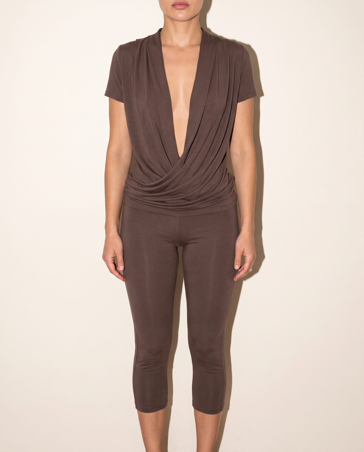 Draped Cross Front Top & Capri Leggings Set in Brown — front view