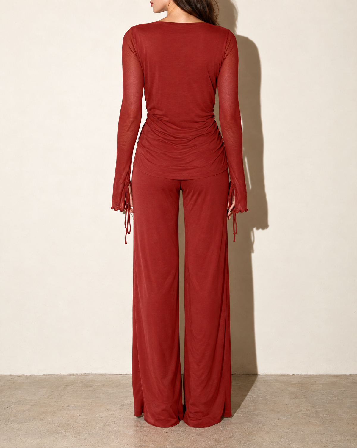 Cowl Neck Long Sleeve Top & Wide Leg Pants Set in Red — back view