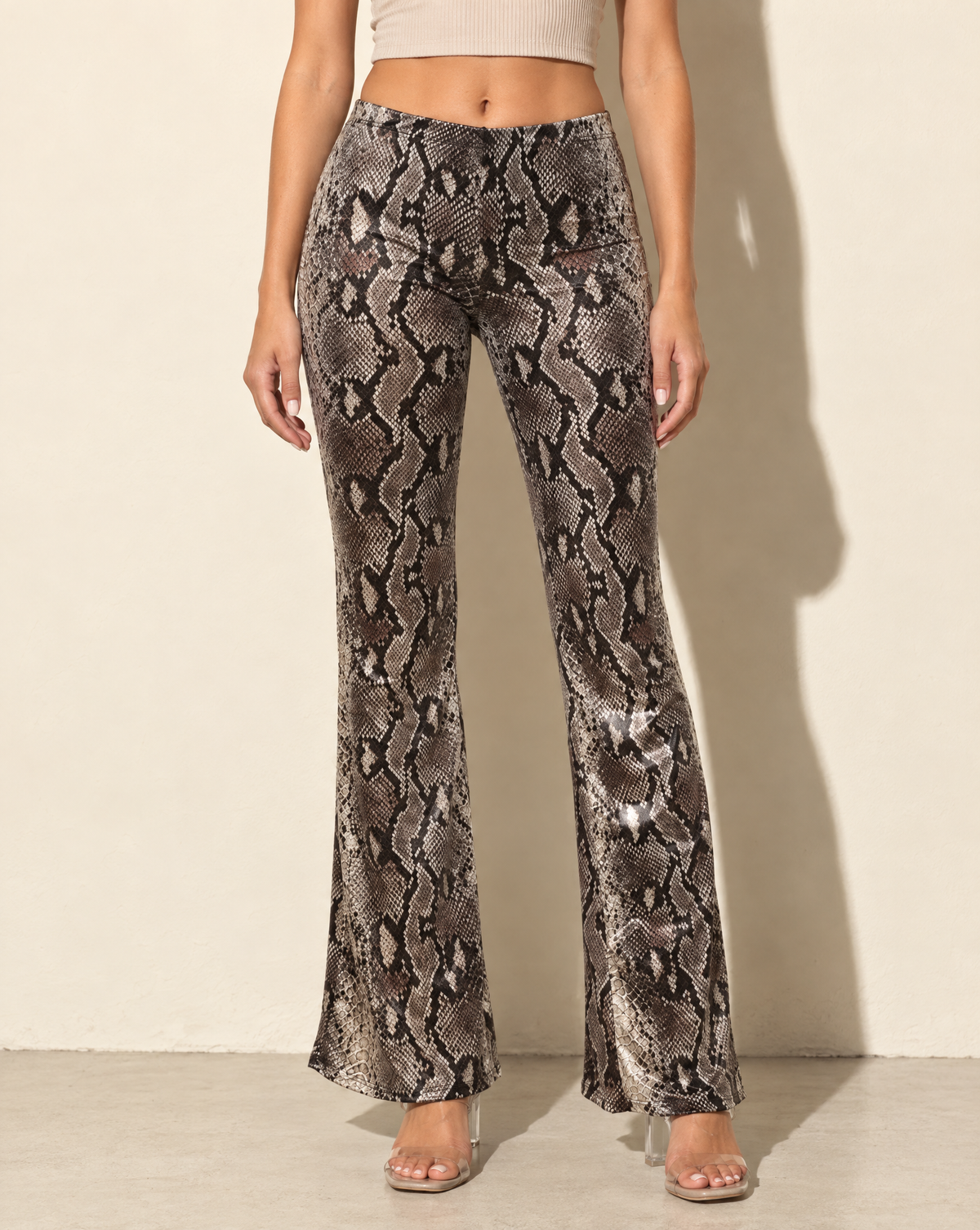 Foiled Animal Printed Slightly Flare Pants in TAUPE/BROWN — front view