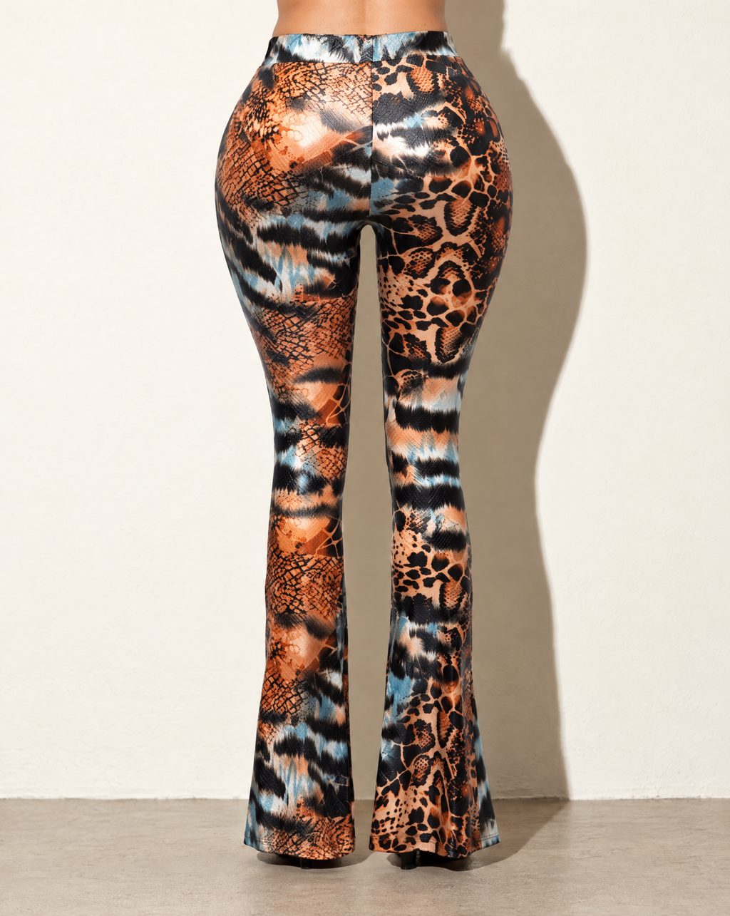 Foiled Animal Printed Slit Hem Flared Pants in RUST COMBO — back view