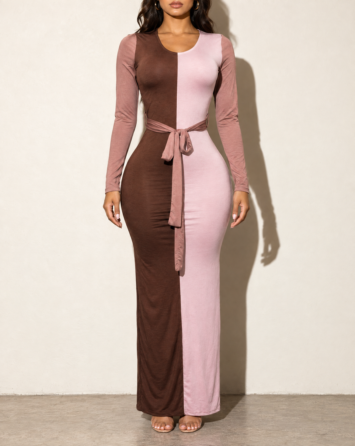 Long Sleeve Color Block Maxi Dress in BROWN COMBO — front view