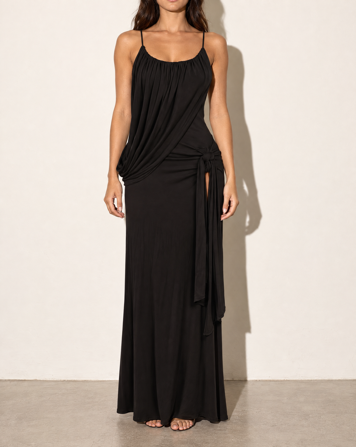 Drape Front & Tied Detailed Dress in Black — front view