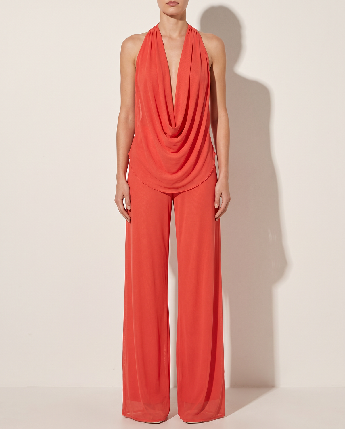 Deep Cowl Neck Sleeveless Top & Pants Set in CARROT — front view