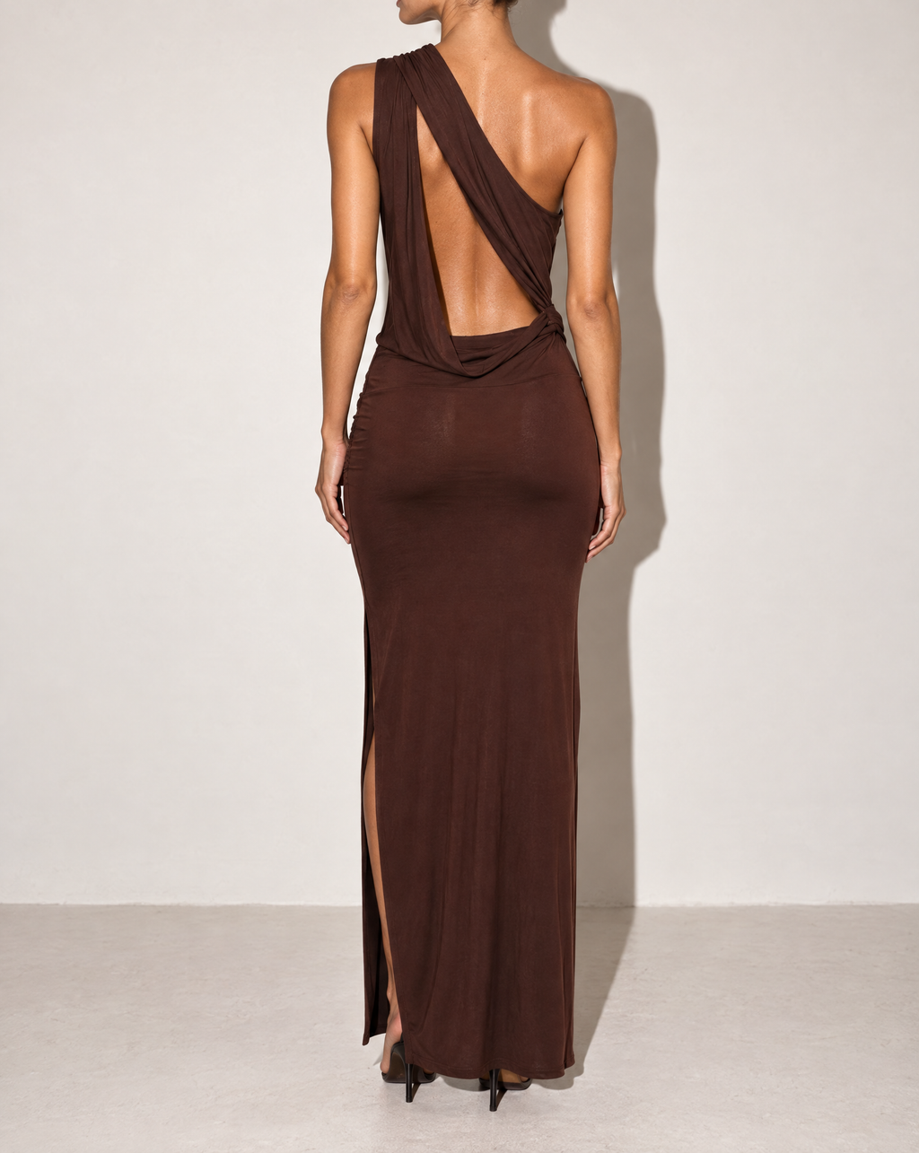 Cut Out Detailed One Shoulder Maxi Dress in Chocolate — back view