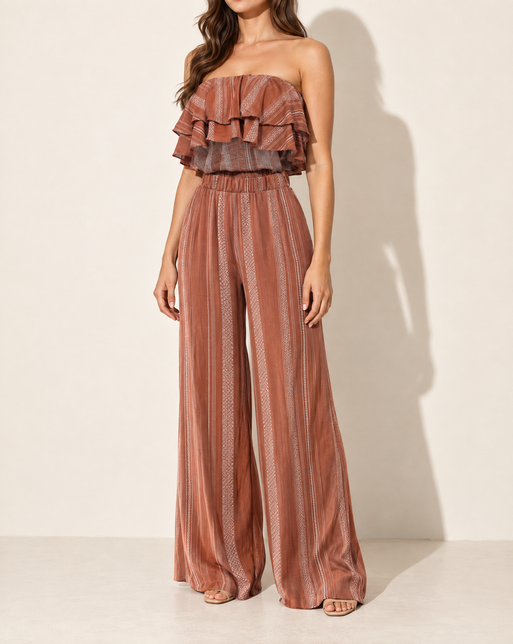 Ruffle Tube Top & Wide Leg Pants Set in BROWN COMBO — alternate front view