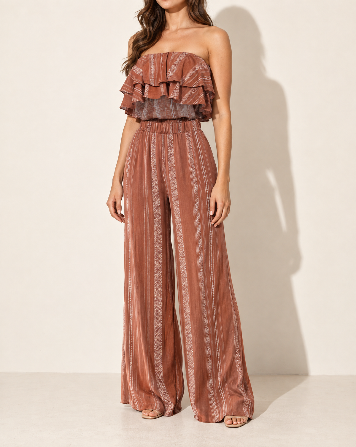 Ruffle Tube Top & Wide Leg Pants Set in BROWN COMBO — alternate front view