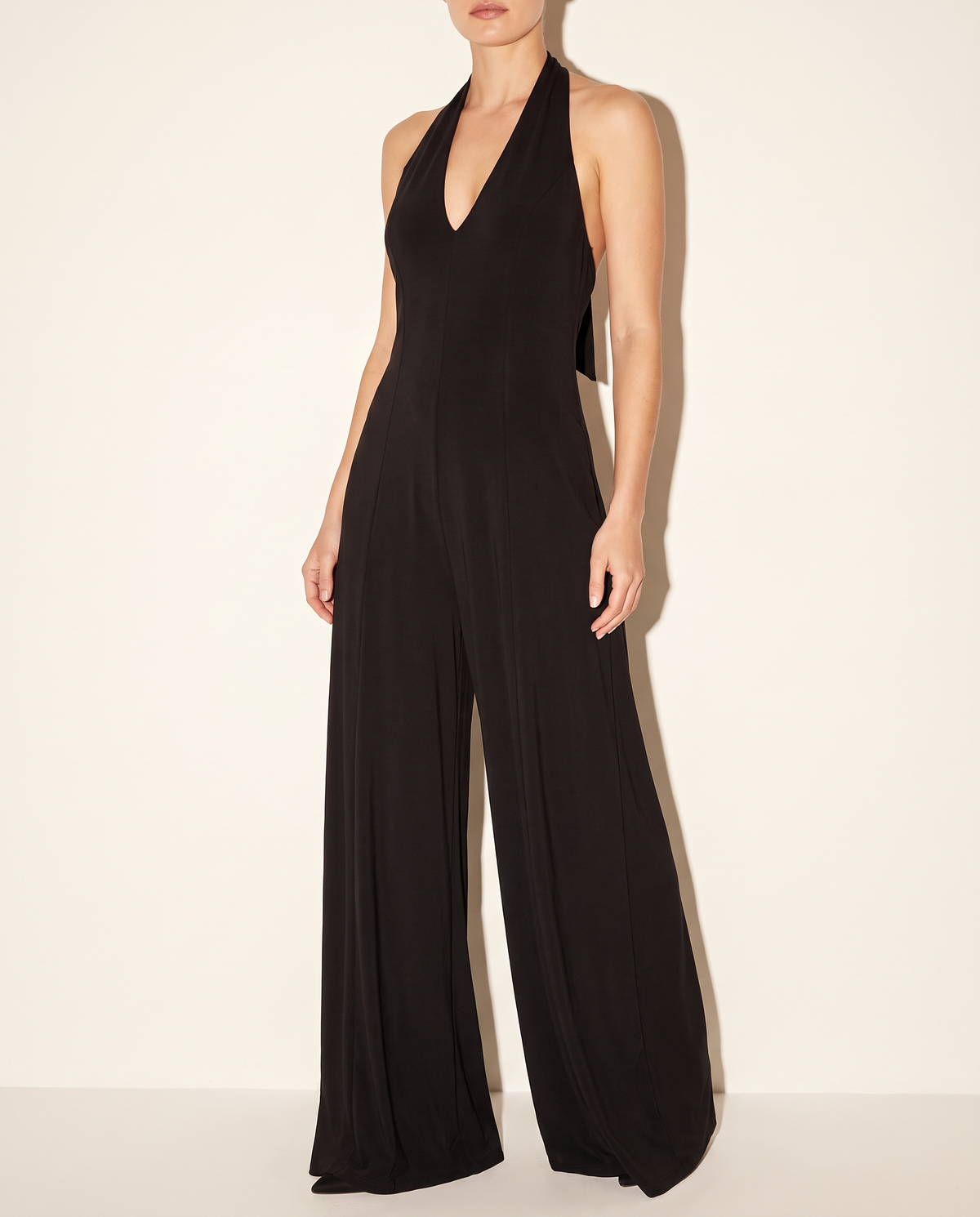 Wide Leg Halter Jumpsuit in Black — alternate front view