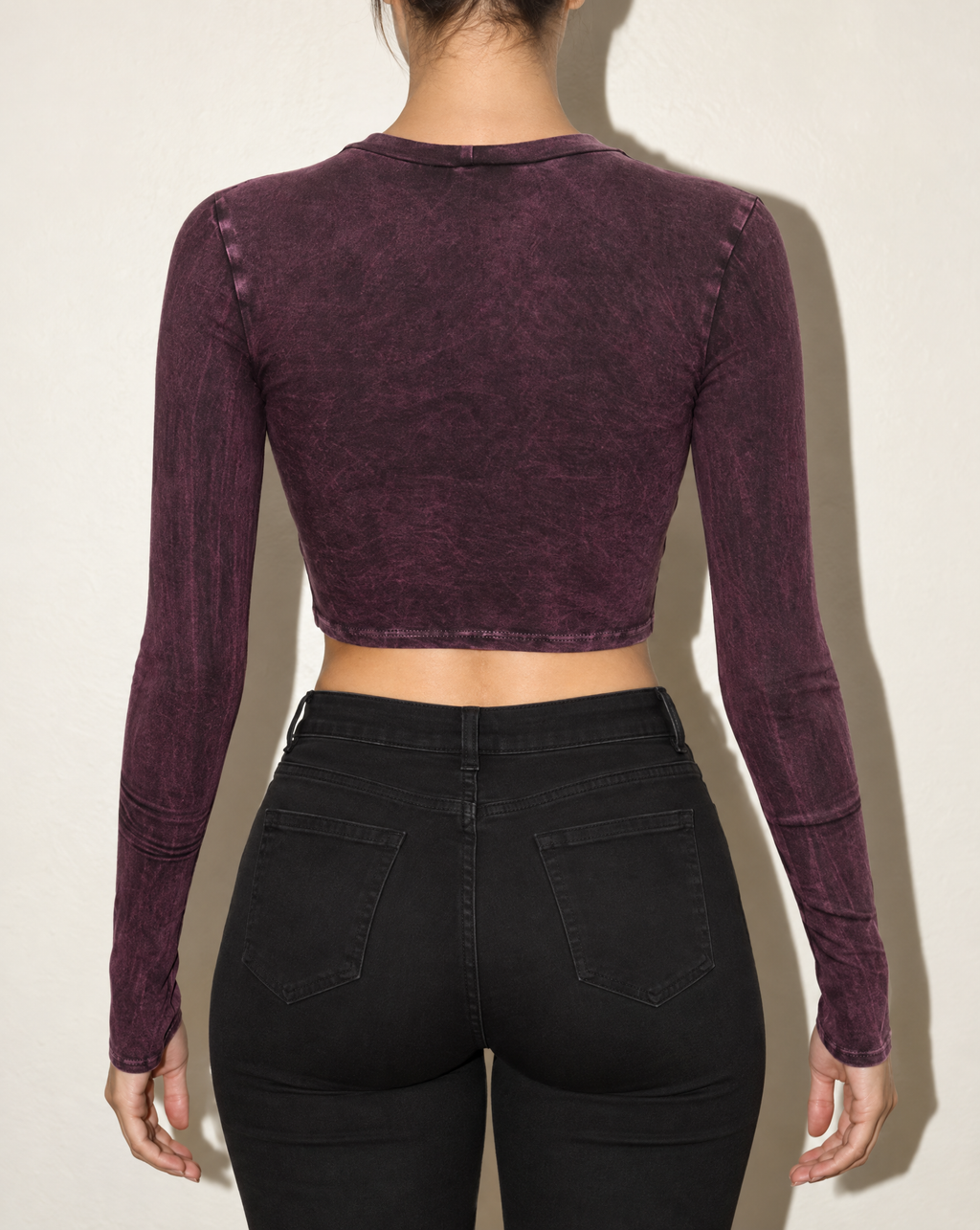 Washed Fringe Front Detailed Long Sleeve Top in DK FUSCHIA — back view