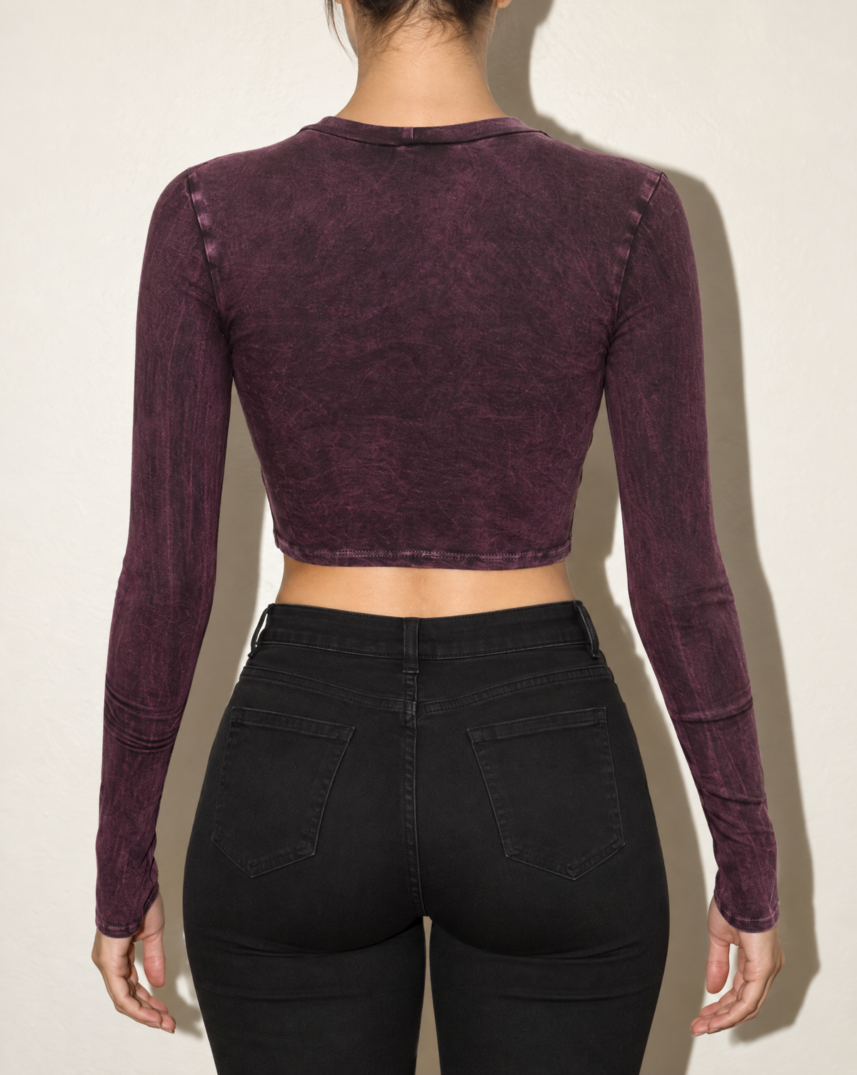 Washed Fringe Front Detailed Long Sleeve Top in DK FUSCHIA — back view