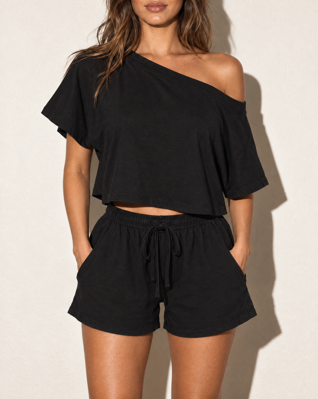 Off Shoulder Top & Shorts Set in Black — front view