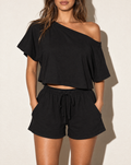 Off Shoulder Top & Shorts Set in Black — front view