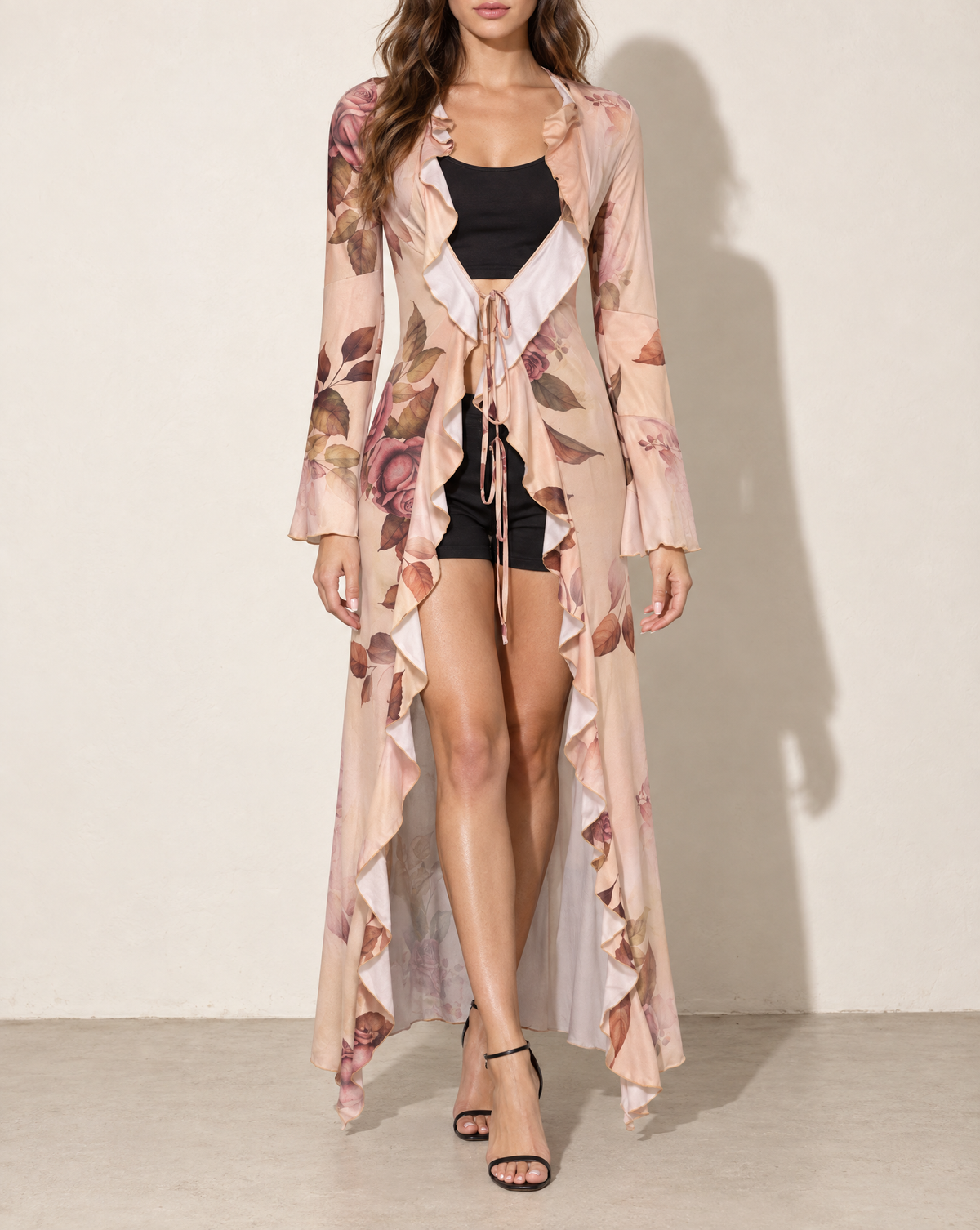 Floral Ruffle Long Top in NUDE COMBO — front view