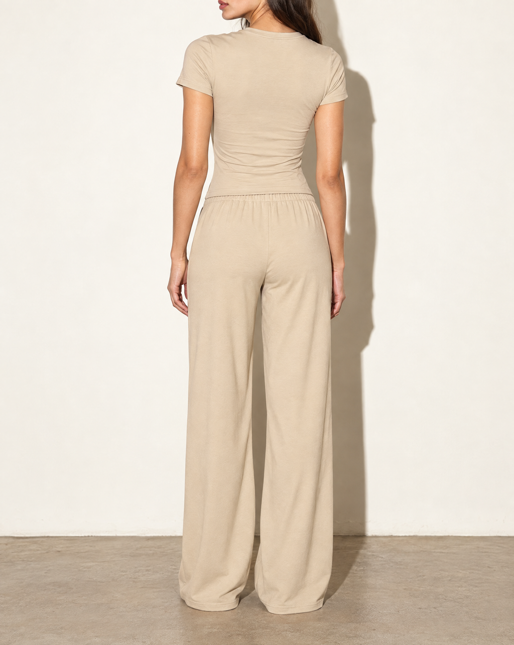 Shirring Detailed Shorts Sleeve Top & Pants Set in SLATE GREEN — back view