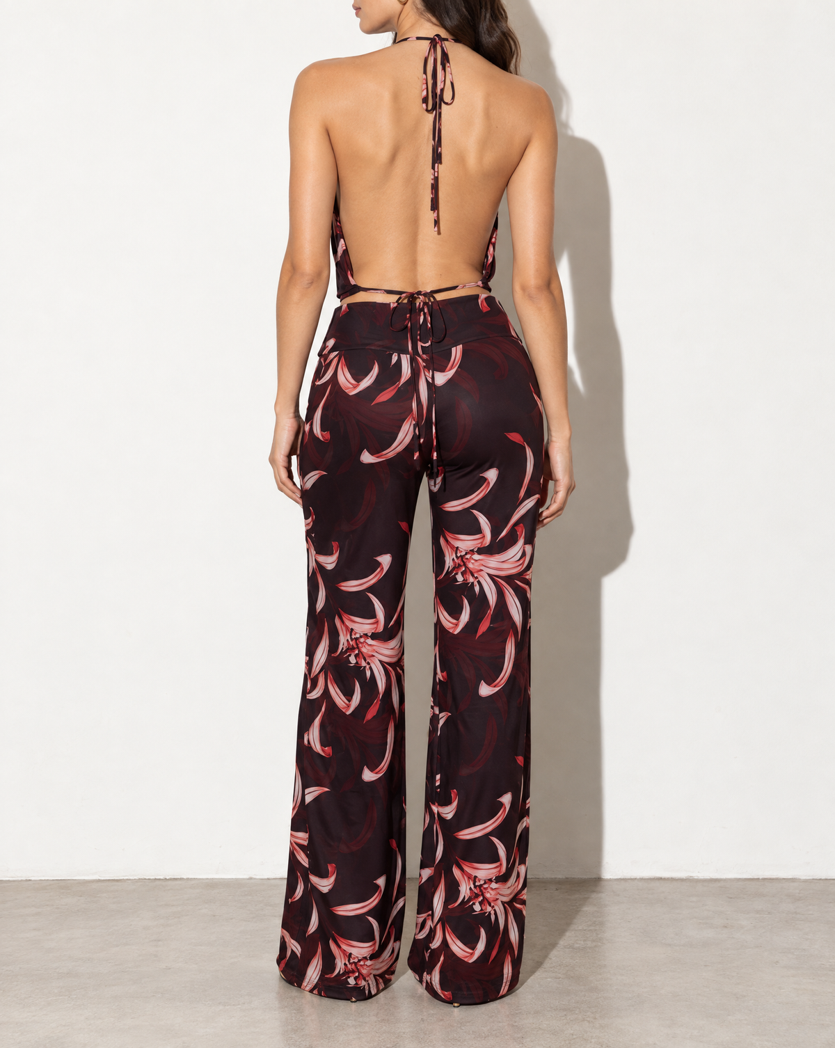 Printed Mesh Halter Top & Wide Leg Pant Set in BURG COMBO — back view
