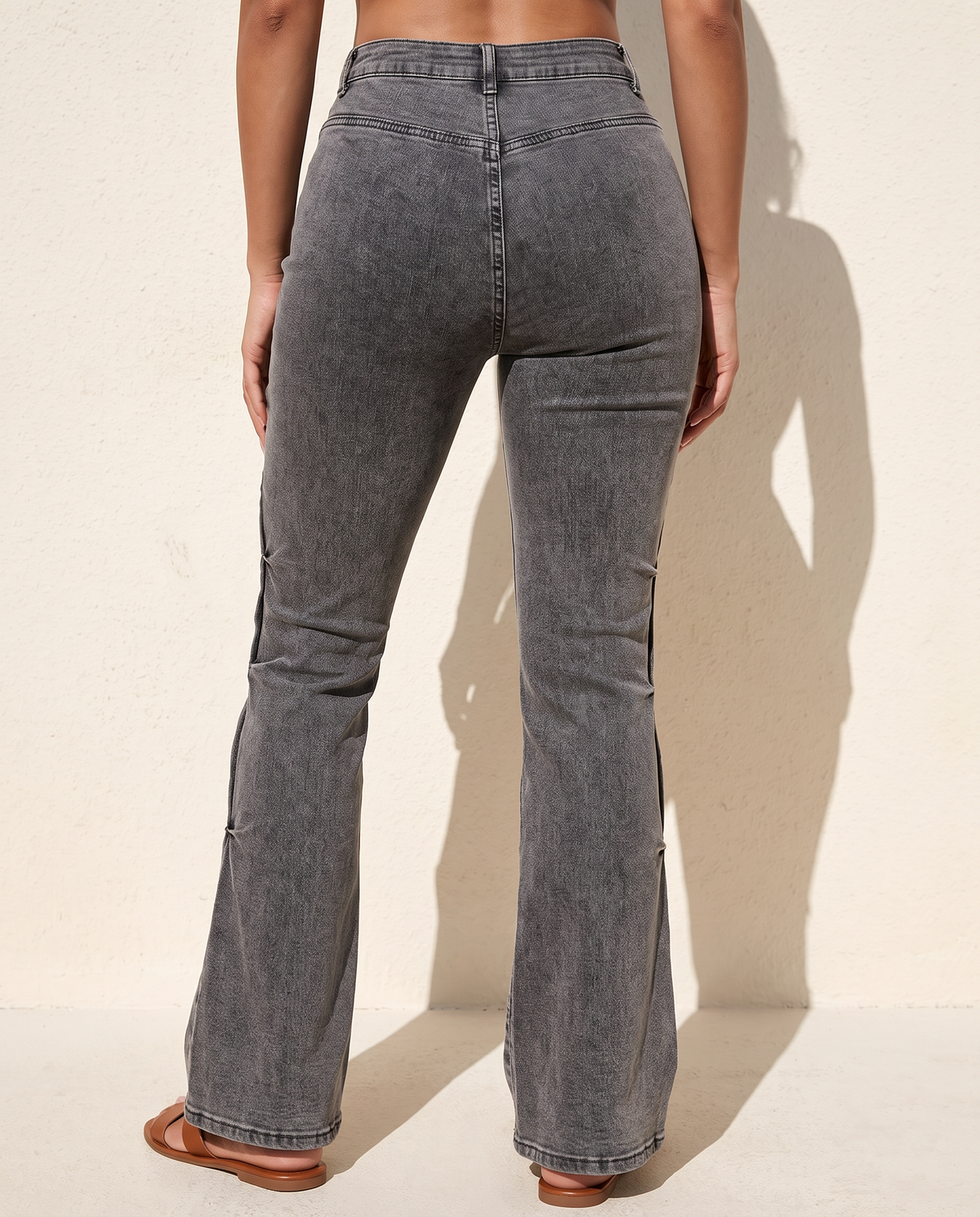 Pinched Bell Bottom Denim Pants in Grey — back view