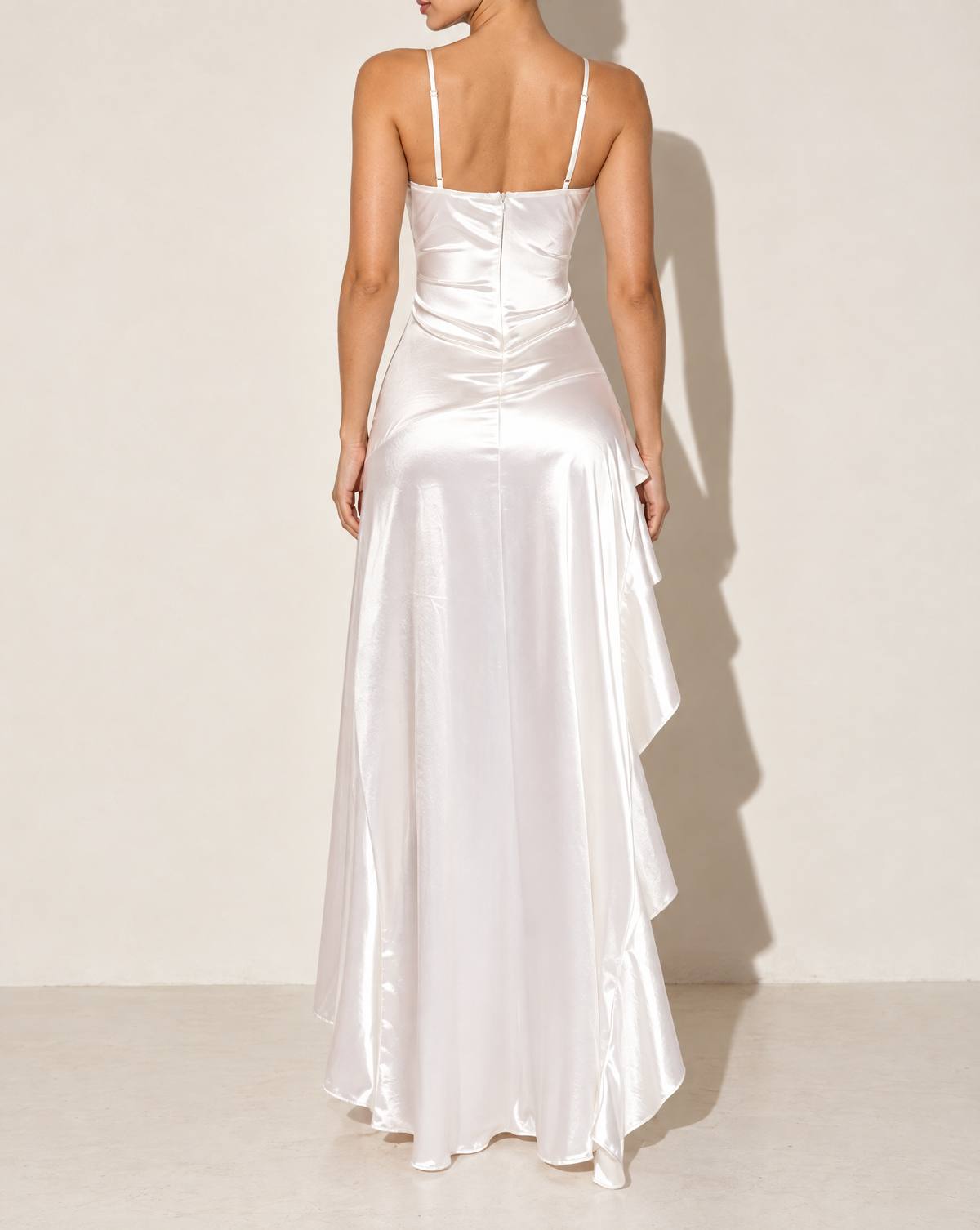 Ruffleddress Satin Maxi in Ivory — back view