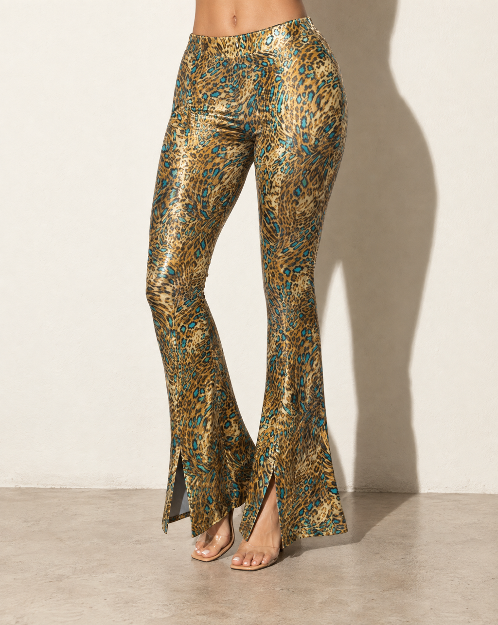 Foiled Animal Printed Slit Hem Flared Pants in GOLD/JADE — alternate front view