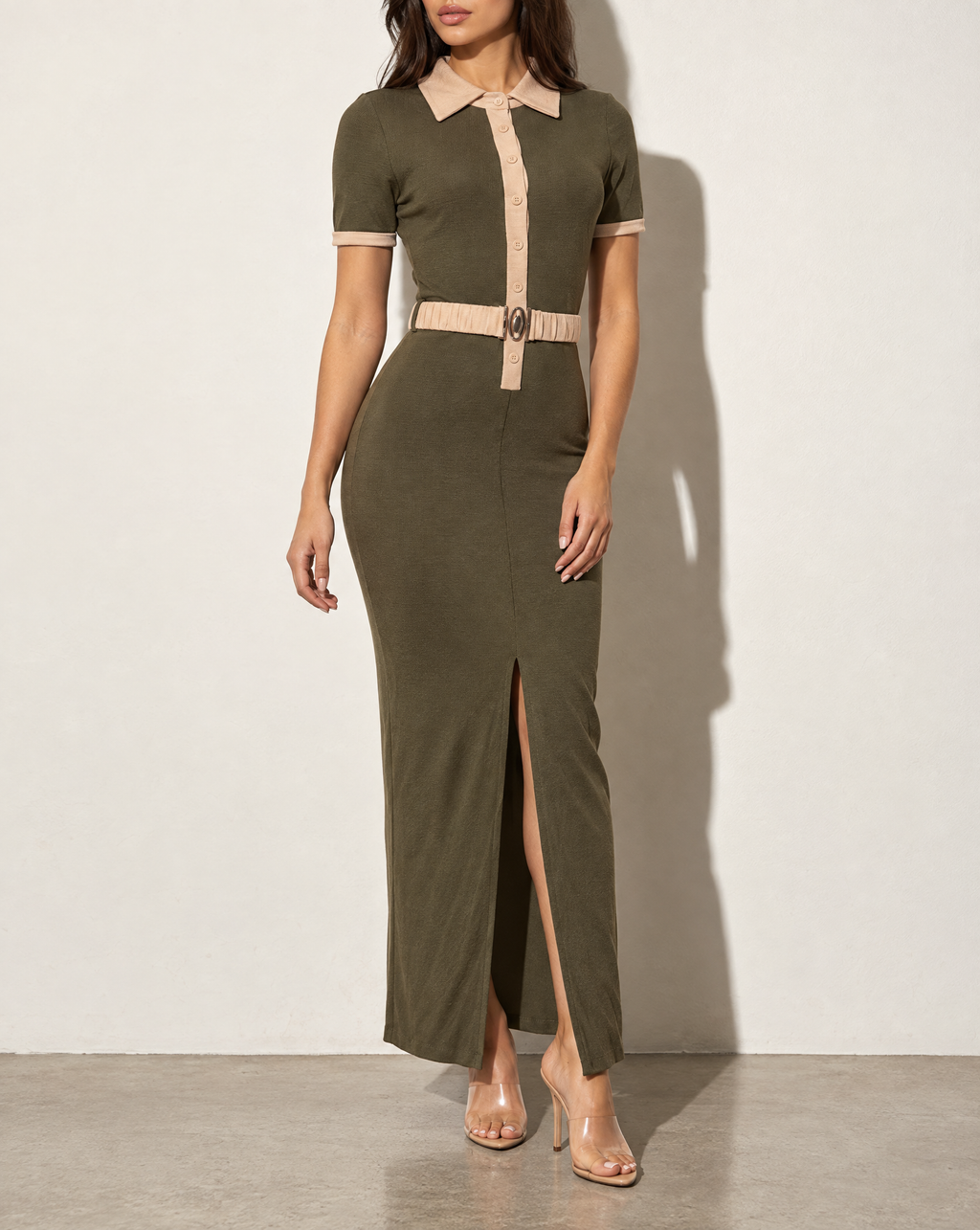Collared Neck Button Down Dress With Front Slit in OLIVE/TAUPE — alternate front view