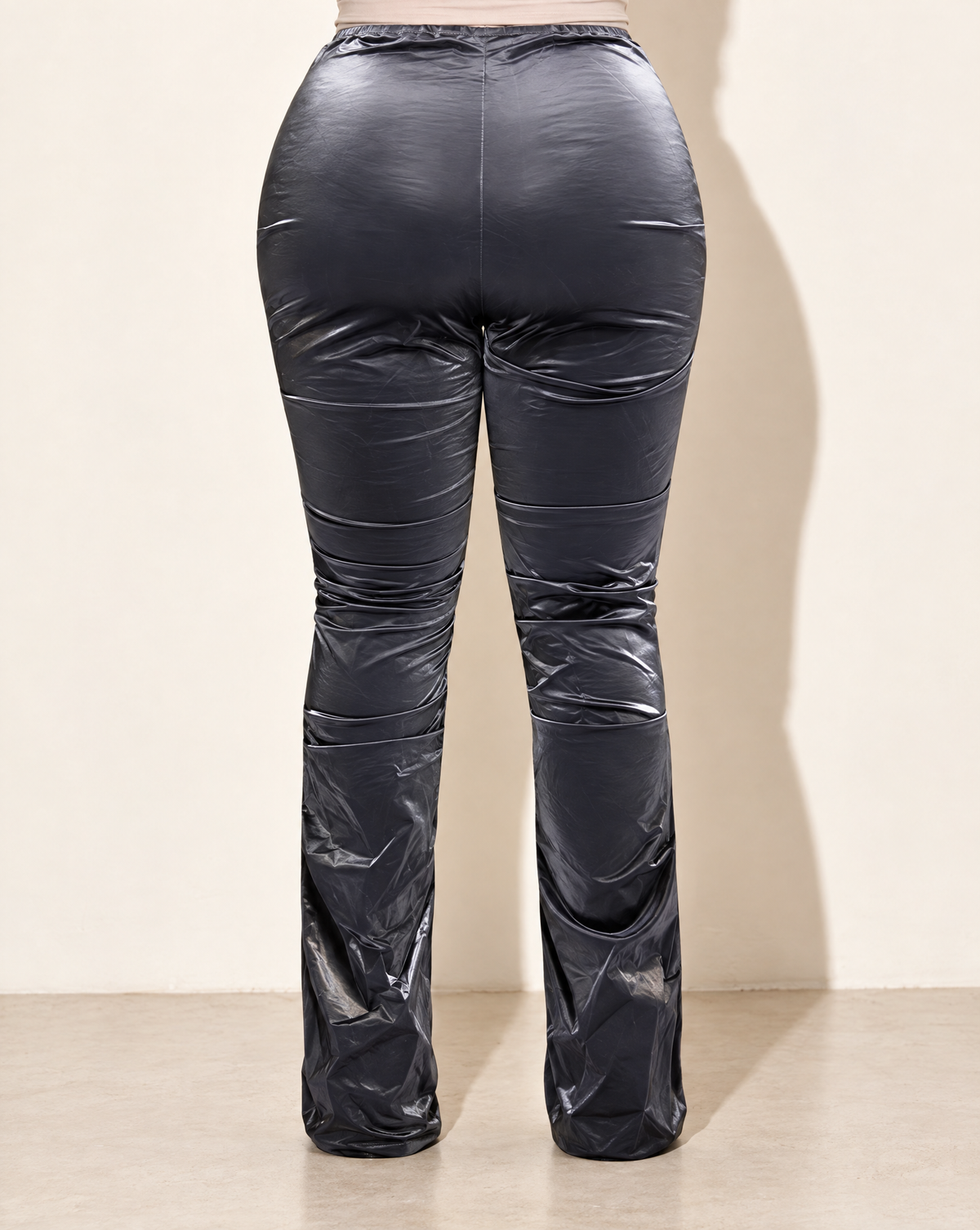 Plus Size Velvet PU Ruched Pants in Charcoal — back view