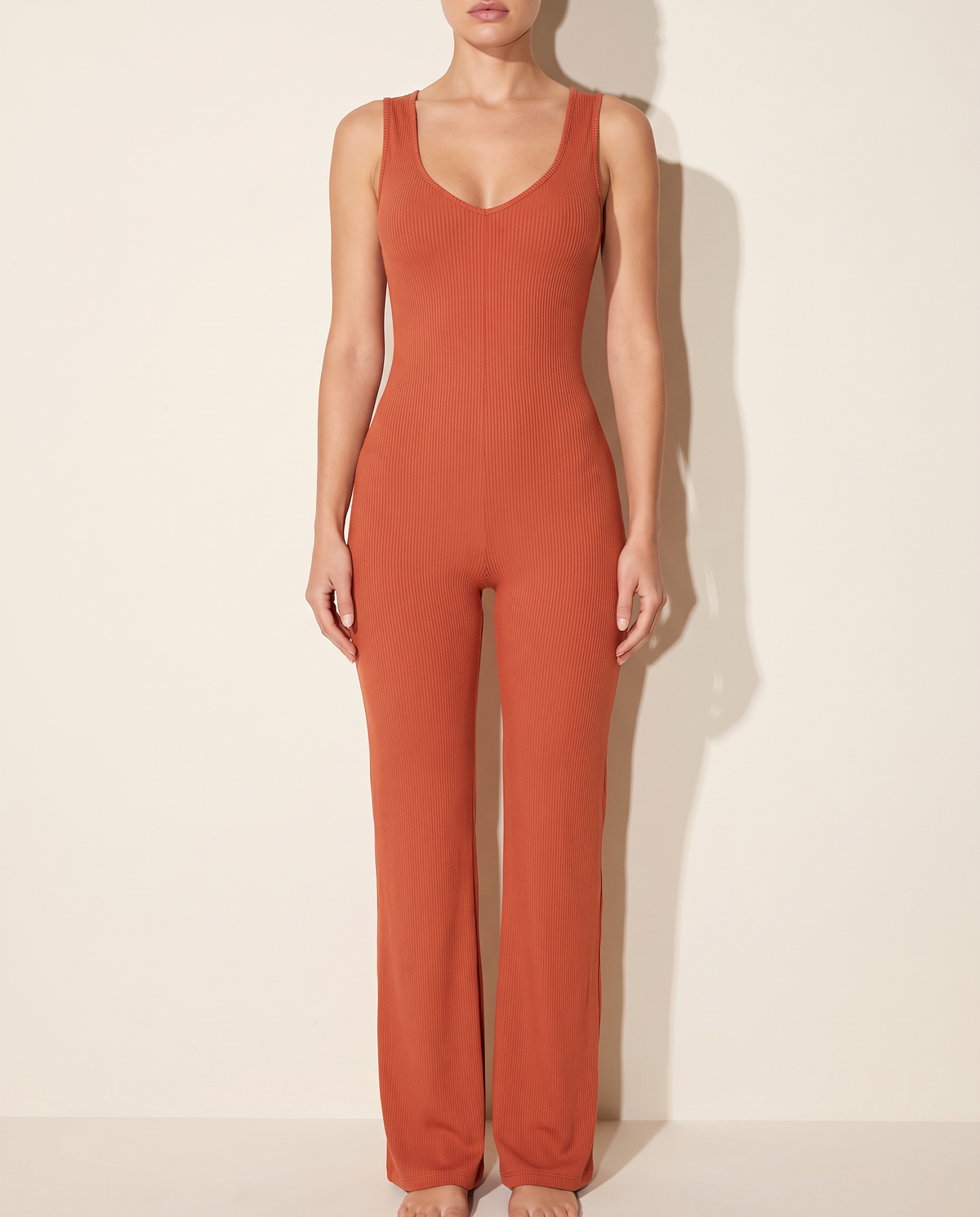 Sleeveless Wide Leg Jumpsuit in BAKED CLAY — alternate front view