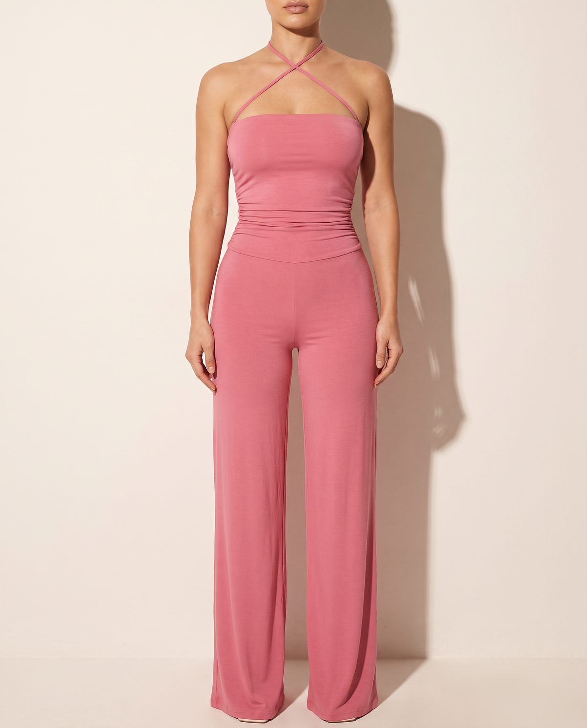 Strap Halter Neck Wide Leg Jumpsuit in ROSE DEEP — front view