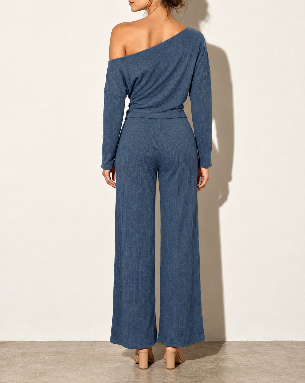 Off Shoulder Long Sleeve Top & Pants Set in DENIM — back view