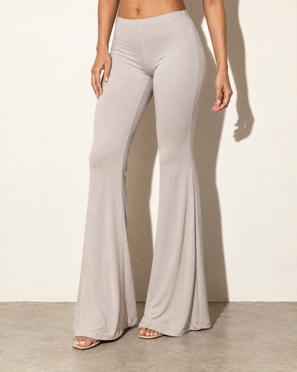 High Waist Flare Hem Pants in LT KHAKI — alternate front view