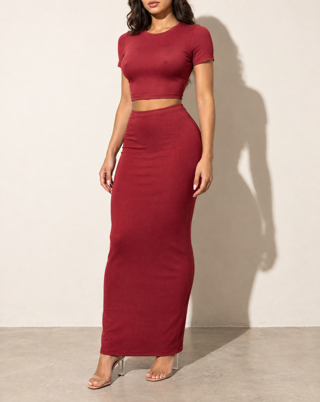 Short Sleeve Crop Top & Long Skirt Set in Burgundy — alternate front view