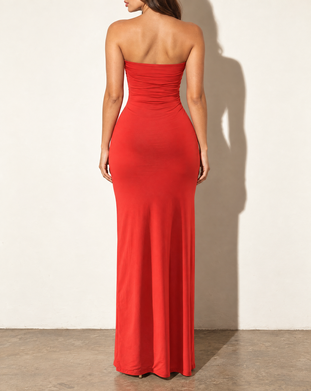 Drape Down Detailed Tube Maxi Dress in Red — back view