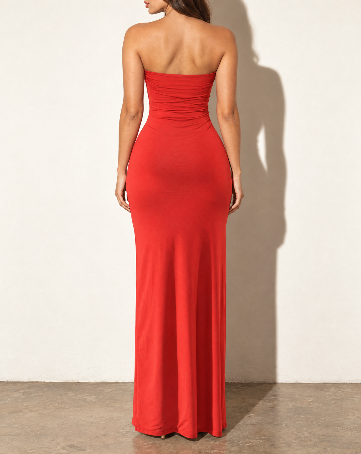 Drape Down Detailed Tube Maxi Dress in Red — back view