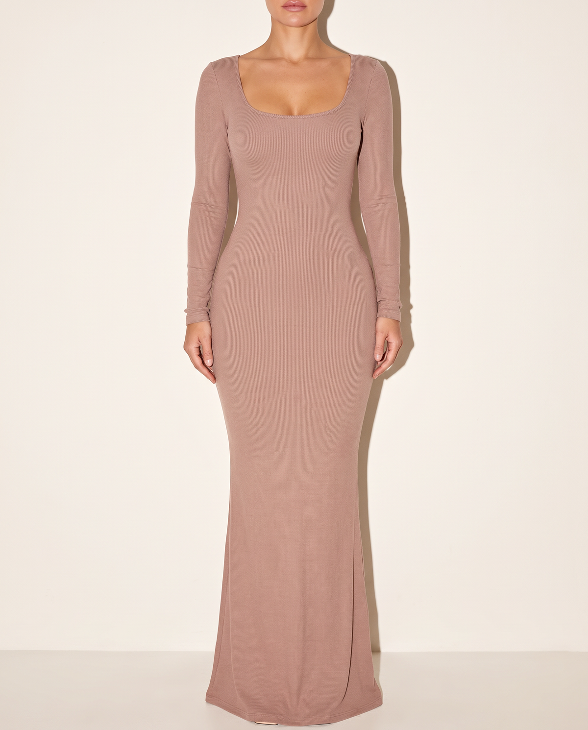 Scoop Neck Long Sleeve Mermaid Maxi Dress in Taupe — front view